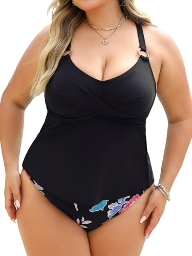 CUPSHE Women Tankini Sets Plus Size Two Piece Swimsuit V Neck Mid Rise Crisscross Back Tie O Ring