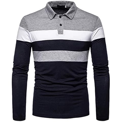 Men's Long Sleeve Polo Shirt Stripe Casual T-Shirts Rugby Tennis Golf T-Shirts Tops (L, Black) Cover