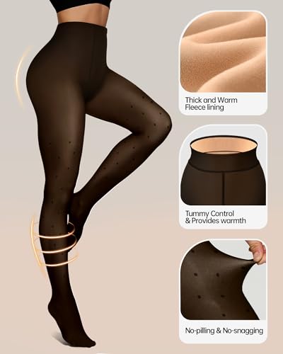 Image of OEAK Womens Fleece Lined Tights Fake Translucent Pantyhose Thermal Opaque High Waisted Winter Legging Footed Sheer Tights 300g Fake Translucent Black Dots S /M