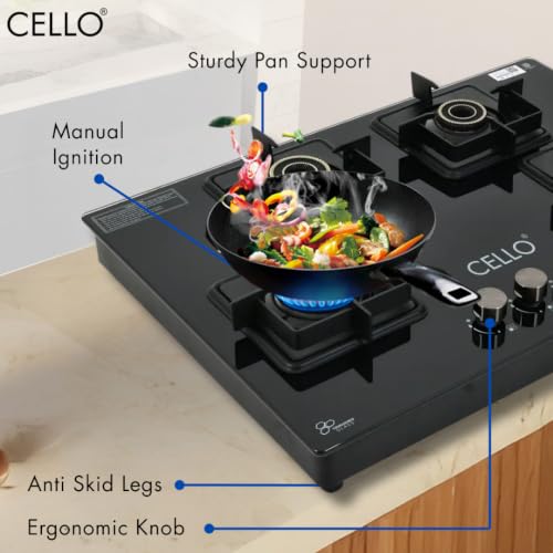 Image of Cello Pearl Plus Hob-Top 4 Burner | Manual Ignition | 8mm Toughened Glass | Flower Design Brass Burners | 1 Year Warranty by Cello | Black