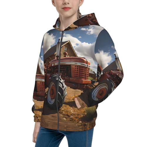 Red Tractor Print Girls Athletic Zip Up Hoodies,Sweatshirts with Pockets Long Sleeve Hooded Jackets, for 7-18 Y