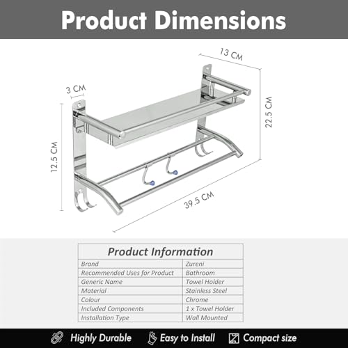 Image of Zureni 2-in-1 Shelf Rack for Bathroom 304 Grade Stainless Steel Towel Hanger with Multiple Hooks Multipurpose Wall Mount Accessories Storage Stand Home Washroom (Pack of 1)