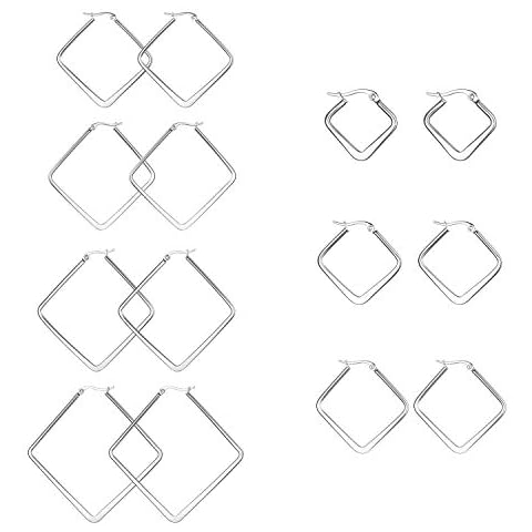 JewelryWe 7Pairs Geometric Hoop Earrings,Stainless Steel Oversize Square-shaped Polished Simple Plain Earrings for Women Girl(20-50MM) Cover