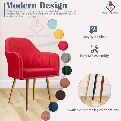 Image of Accent Chair for Living Room| Soft Velvet Fabric Armchair with Multi Colour Leg Options | Modern Chair with Thick Cushion for Home Office restaurent and cafes| 1pc (Golden Legs, Red)