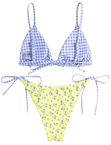 Image of ZAFUL Women's Triangle Bikini Floral String Bikini Set Two Piece Swimsuit Bathing Suits