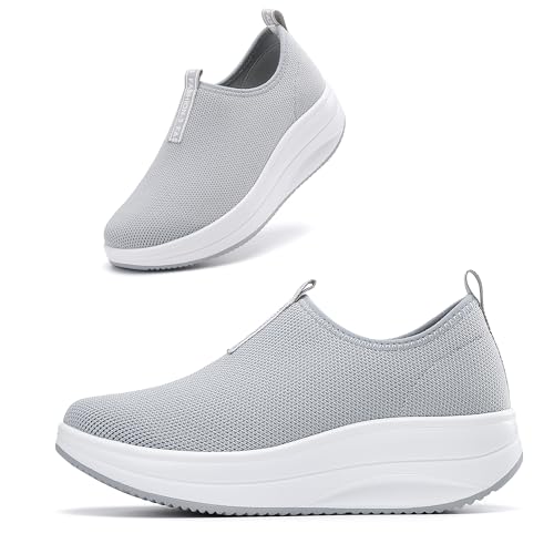 Oude Grey Womens Platform Shoes Comfy | Wedge Sneakers Walk All Day | Slip On Loafers for Women | Thick Rocker Bottom Size 5