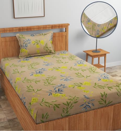 Image of NEW LEAF Premium Cotton Elastic Fitted Bedsheets with 1 Pillow Covers |Solid or Plain Single Bed Elastic 220 TC Supersoft Breathable & Wrinklefree | for 72x36+6 Inches, Mustarded