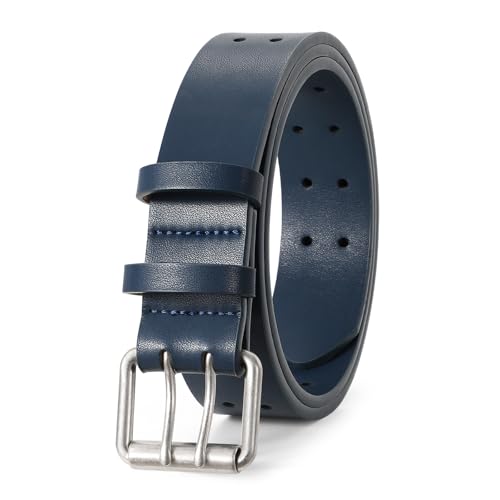 Image of JASGOOD Men Double Prong PU Leather Belt Casual Work Heavy Duty Belt Double Grommet Holes Belt for Jeans