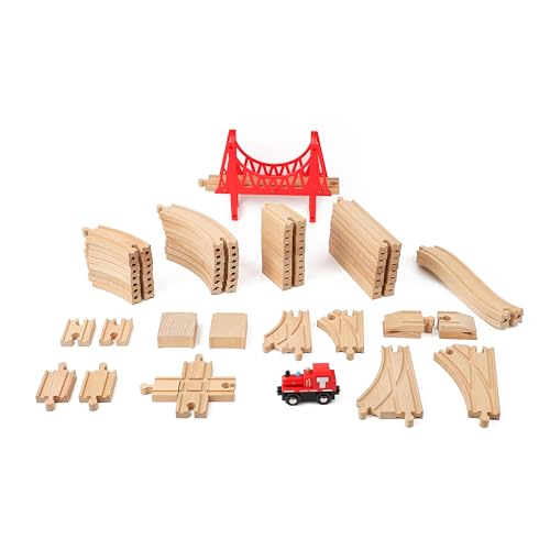 WudBudz Wooden Train Tracks 60 Piece Set, Track Expansion Accessories for Toddlers 3-5 - 100% Compatible with All Major Brands Including Thomas & Brio Wooden Railway System