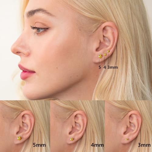 Gold Stud Earrings for Women 14K Gold Ball Stud Earrings Hypoallergenic Earring (3-Pair-Pack) 3MM 4MM 5MM with Butterfly Pushbacks2
