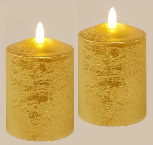 LED Kerzen Echtwachs 2er Set elektrische Kerze LED-Kerze Warmweiß Stimmungslicht Lichter Dekoration Stumpenkerze große Adventskerzen Adventskranz Kranz romantisch Valentinstag, 10x7,5cm, gold