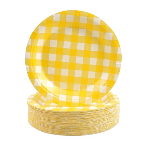 HFBOBP 50 pratos de papel xadrez amarelos de 7 polegadas, pratos de sobremesa descartáveis xadrez para piquenique, campismo, reuniões familiares, chá de bebé, aniversário, despedida de solteiro