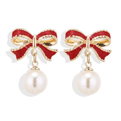 coadipress Christmas Pearl Bow Earrings for Women Fashion Sparkle Rhinestone Bow Earrings Cute Red Pearl Bow Dangle Drop Earrings Christmas Decorations Jewelry Gifts (Red Bow)