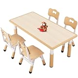 FUNLIO Kids Table and 4 Chairs Set for Ages 3-8, Height Adjustable Toddler Table and Chair Set, Easy to Wipe Arts & Crafts Table, for Classrooms/Daycares/Homes, CPC & CE Approved (5 pcs Set) - Natural