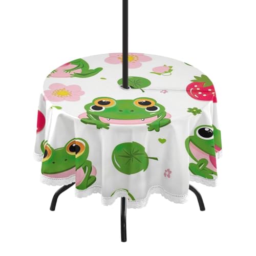 Wajiw 60 Inch Indoor Outdoor Round Tablecloth with Umbrella Hole and Zipper Waterproof Patio Table Cover for Camping Dining Room Party Outdoor Picnic,Frogs