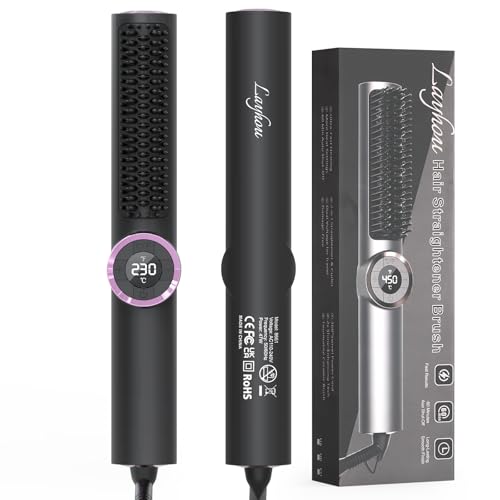 Layhou Cepillo Alisador Pelo, Cepillo Iónico de Cerámica Antiescaldaduras con Pantalla LED, Calentamiento Rápido PTC, 15 Ajustes de Temperatura (80℃-230℃), Conmutable en ℃ y ℉, Voltaje Dual