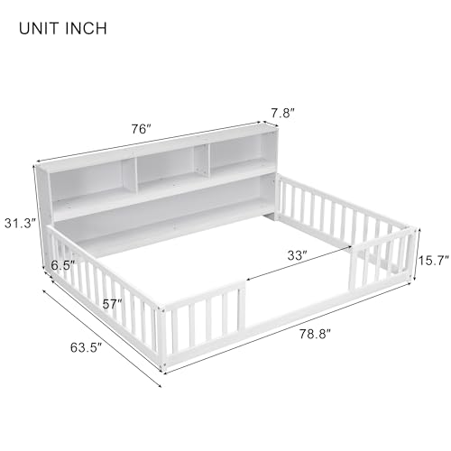 Kids-Montessori-Floor-BedFull-Size-Floor-Bed-with-Bookcase-and-ShelvesFull-Bed-Frame-with-Guardrails-for-KidsGirlsBoysFullWhite Kids Montessori Floor BedFull Size Floor Bed with Bookcase and ShelvesFull Bed Frame with Guardrails for KidsGirlsBoysFullWhite