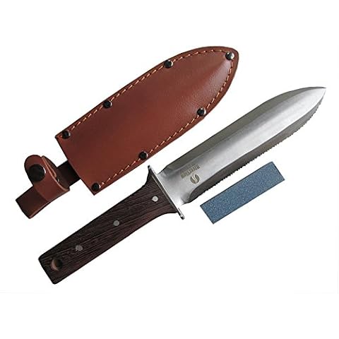 Hori Hori Japanese Garden Knife - Multi-use Camping/Digging Tool–[A Gardeners Dream] Sharp Stainless Steel Blade - Heavy Riveted Leather Sheath - Whetstone Sharpening Stone Cover