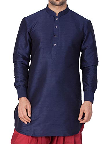 Image of Vastramay Men's Gold Curved Shape Pathani Style Silk Cotton Kurta - Mid-Length with Buttoned Cuff, Soft & Comfortable Ethnic Wear