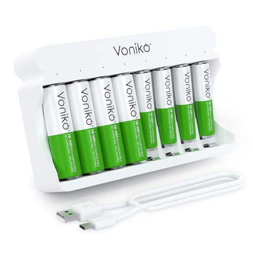 Voniko Rechargeable Batteries with Charger, 1.2V NiMH AA Batteries 4Counts & AAA Batteries 4Counts with 8-Bay Smart USB Type-C Battery Charger