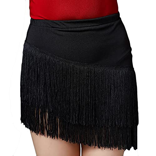 Libaobaoyo Girls Fringe Dance Skirt Mini Layered Tassel Latin Ballroom Tango Performance Outfits Black