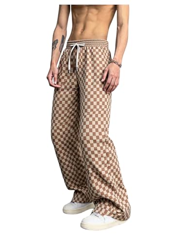 GORGLITTER Men's Plaid Checkered Gingham Sweatpants Baggy Wide Leg Straight Drawstring Track Pants with Pockets Brown and White Medium