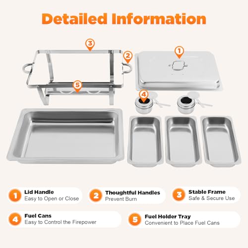 HUSPOO 9L Edelstahl Warmhaltebehälter Essen, 3 Grid Speisenwärmer, Mahlzeit Chafing Dish Profi Set, Buffetwärmer mit Faltbaren Beinen Wärmebehälter für Catering Buffet und Party – Bild 8
