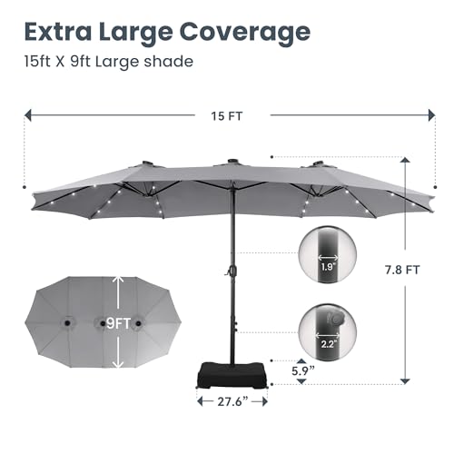 PHI VILLA 15ft Large Patio Umbrella with Solar Lights, Double-Sided Outdoor Market Rectangle Umbrellas with 36 LED Lights, Umbrella Base (Stand) Included, Light Grey by PHI VILLA - Image 6