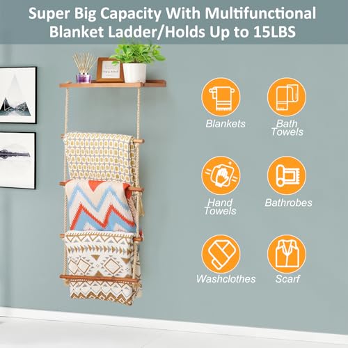 Gomyrod SN12Z1014 5-Layer Wooden Blanket Ladder, 2-In-1 Towel Racks Blanket Quilt Towel Holder Rack Decorative Ladder thumb #2