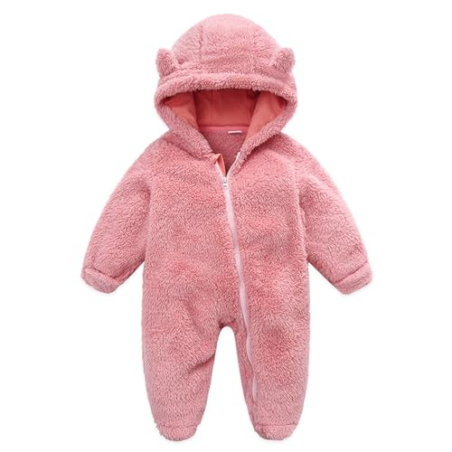 Image of Emmababy Baby Boy Girl Winter Fuzzy Jumpsuit Infant Bear Ear Snowsuit Long Sleeve Footed Zipper Hoodie Romper Kid Warm Coat (01 Pink, 9-12 Months)
