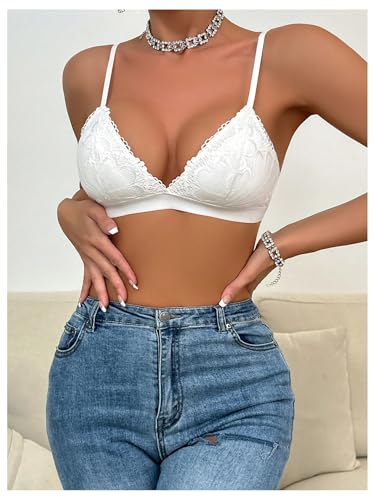 MakeMeChic Women's Triangle Padded Bralette Floral Lace Spaghetti Strap Wireless Strap Bra3