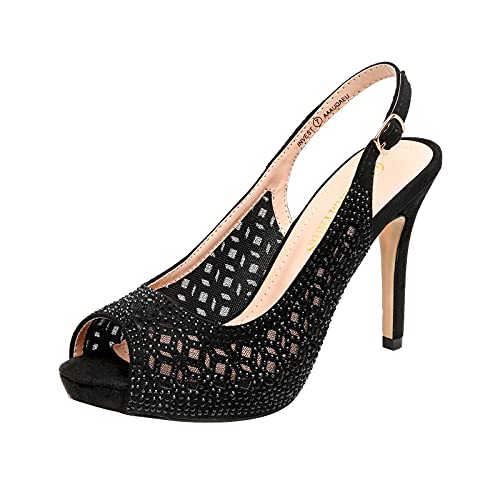 DREAM PAIRS Women's High Heels Platform Dress Rhinestones Peep Toe Pumps Shoes 7 Black/Suede