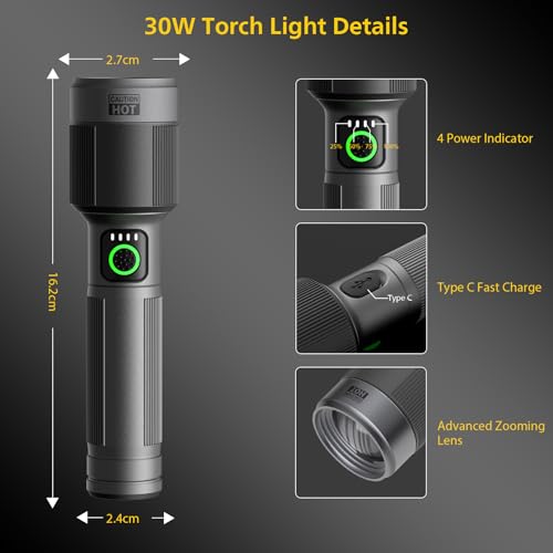 Image of Philips Torch Rechargeable, 30W Torch Light High Power, 1450 Lumens Super Bright Flashlight, 690M Coverage, 2200mAh Battery, Telescopic Zoom, Aircraft Aluminum Body, LED Flash Emergency Light