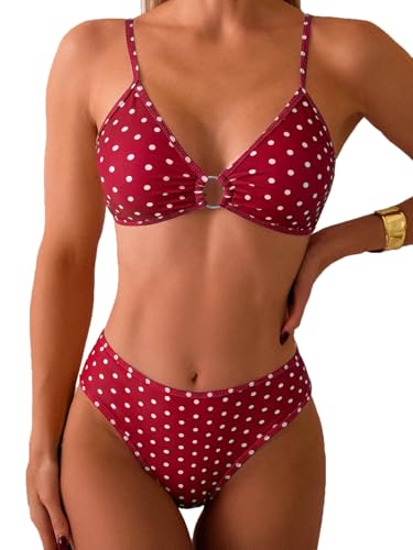 Image of Fanuerg Women's Triangle Bikini Sets O Ring Linked Two Piece Swimsuits Floral Printed Cheeky Bathing Suit