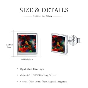 Black Fire Opal Earrings 925 Sterling Silver Black Square Stud Earrings Opal Jewelry Birthday Christmas Gifts for Women