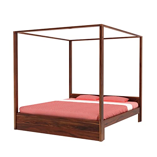 Image of Solid Sheesham Wood King Size Poster Bed Without Storage for Bed Room Living Room Home Wooden Double Bed Palang Solid Wood Bedroom Furniture for Hotel (Honey Finish)