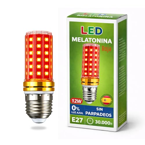 DROCODO Lampara luz roja nocturna melatonina E14-LED-12W, 0% luz azul, bombilla roja para dormir mejor, Luz roja bebe relajante y terapeutica, Luz roja nocturna melatonina (1 UNIDAD E27)