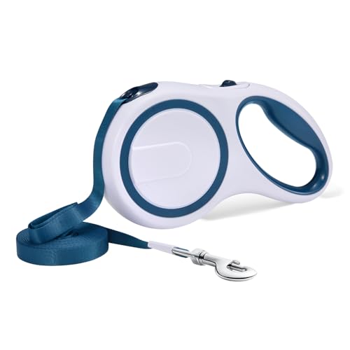 Image of Amazon Basics Retractable Dog Leash | 5 Meter | for Large Dogs Up to 50 Kg | Heavy Duty Leash for Pets | Strong Nylon Tape, Anti-Slip Handle, Built in Spring, One-Click Brake Pause | Grey & Blue