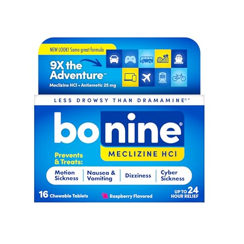 Bonine Non-Drowsy for Motion Sickness Relief, Sea Sickness, Car Sickness, Nausea, & Vomiting - Meclizine HCI 25mg, Travel-Sized - 16ct Raspberry Chewable Tablets (Packaging May Vary)