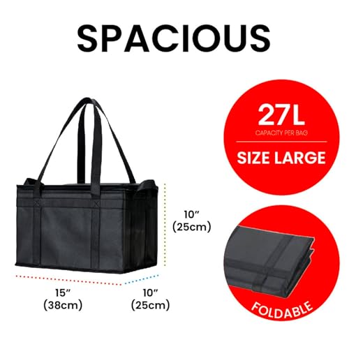 Image of NZ home Insulated Bags for Food Delivery (Large) Grocery Shopping Cooler Bag, Pizza Delivery, Hot & Cold Catering Tote, Reusable, Foldable & Heavy Duty (2 Pack, Black)