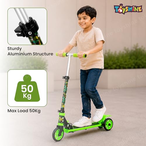 Image of Toyshine 3 Wheel Street Rider Runner Scooter with Anti Slip ABS Base Aluminium Structure Height Adjustable Handlebar Max Load 50kg for Boys and Girls Ages 4 and Above - Green