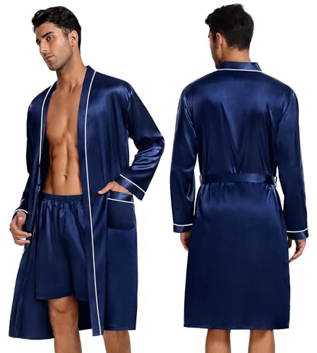 Image of SWOMOG Mens 3 PCS Satin Robe with Pants & Shorts Set Kimono Bathrobe Long Sleeve Sleepwear Pjs Sets with Pockets Deep Navy Blue Small