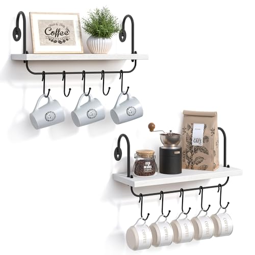 VINCOURNA 2er-Set Tassenregal Für Coffee Station, Küchen Wandregal Mit 10 Einstellbar Tassenhalter, Küchenregal Wandbrett Tassenständer Regal Zum Holz Schwebendes Kaffee Organizer Schweberegale-Weiß