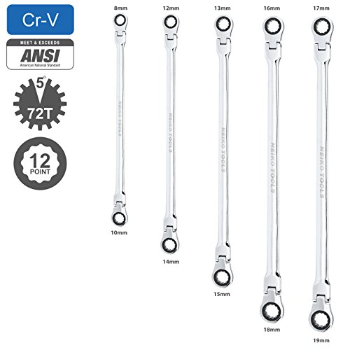 Neiko 03114A Flex-Head Double Box End Ratcheting Wrenches, Chrome Vanadium Steel | Extra Long Design | 5-Piece Set | Metric 8mm - 19mm