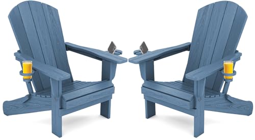 SERWALL Folding Adirondack Chair, HDPE Adirondack Chairs Set of 2, Plastic Outdoor Chairs- Looks Exactly Like Real Wood- Navy