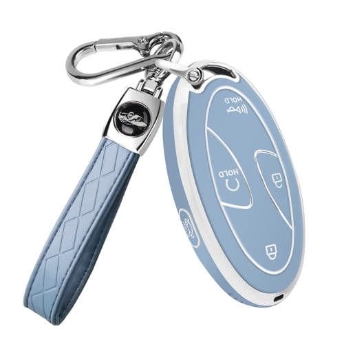 QBUC for Car Key Fob Cover TPU 360 Degree Car Key Case Protector with Leather Keychain 5 Buttons Smart Key(Blue)