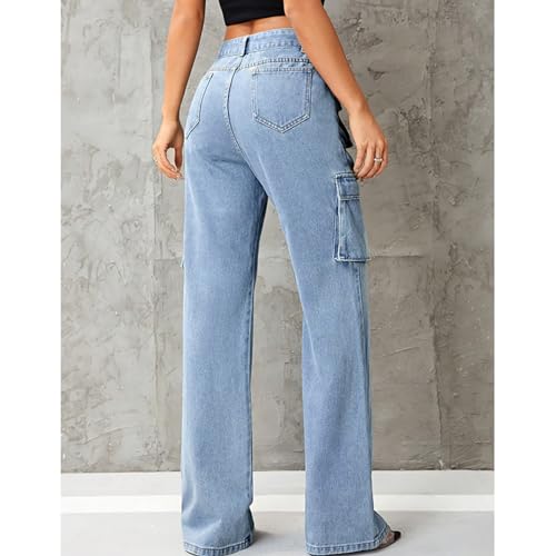 High Rise Cargo Jeans for Women Teen Girl Wide Leg Y2k Boyfriend Jeans Casual Straight Leg Denim Pants with Pocket3