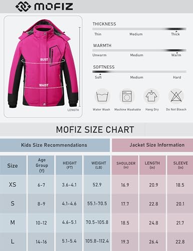Mofiz Girls Ski Jacket Waterproof Fleece Lined Snowboard Jacket Warm Winter Coats With Removable Hood Rose Red M thumb #6