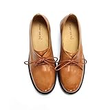 FSJ Women Leather Classic Lace up Flat Oxfords Low Heel Round Toe Dress Pump Shoes Size 11 Brown