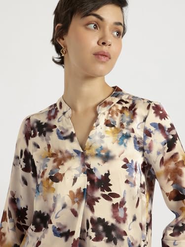 Image of FableStreet Women Shirt Work & Casual | Relaxed Fit Mandarin V-Neck Three-Quarter Sleeves Solid Pattern | Breathable Woven Fabric for Office & Everyday Wear